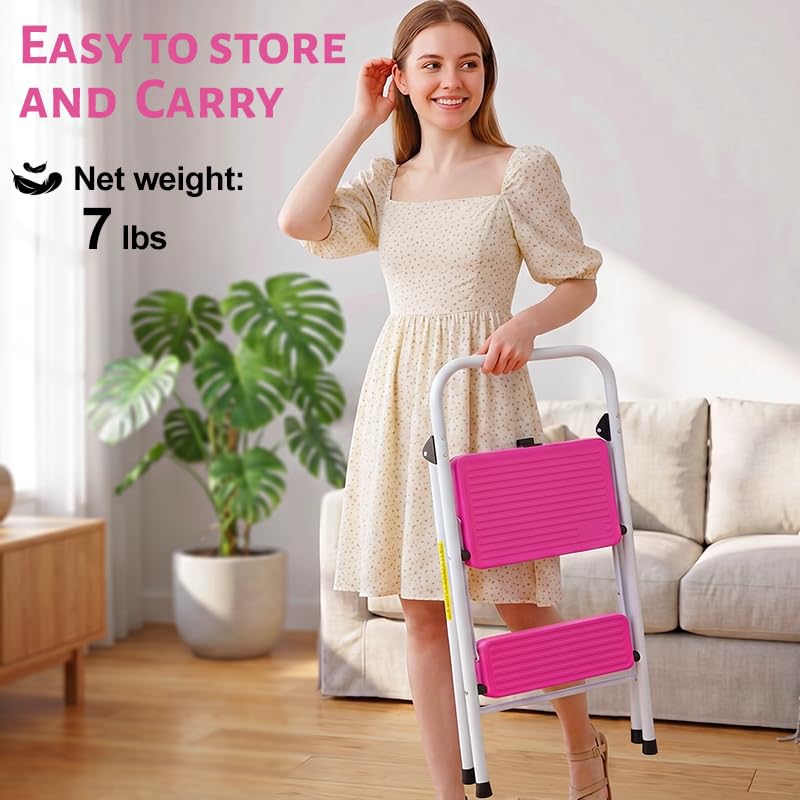 2 Step Stool Folding Anti-Slip Lightweight Steel 330LBS Pink G63914