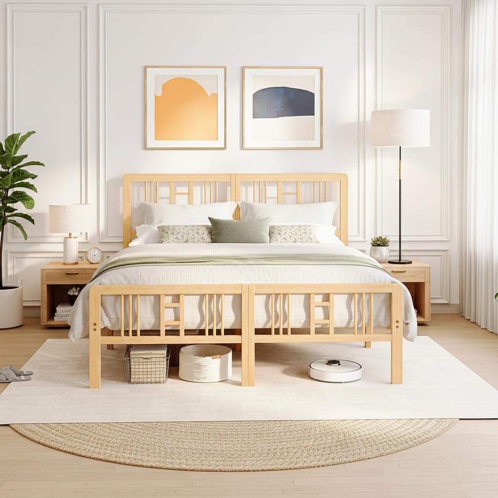 14 Inch Solid Bamboo Wood Full Size Platform Bed Frame with Headboard R951