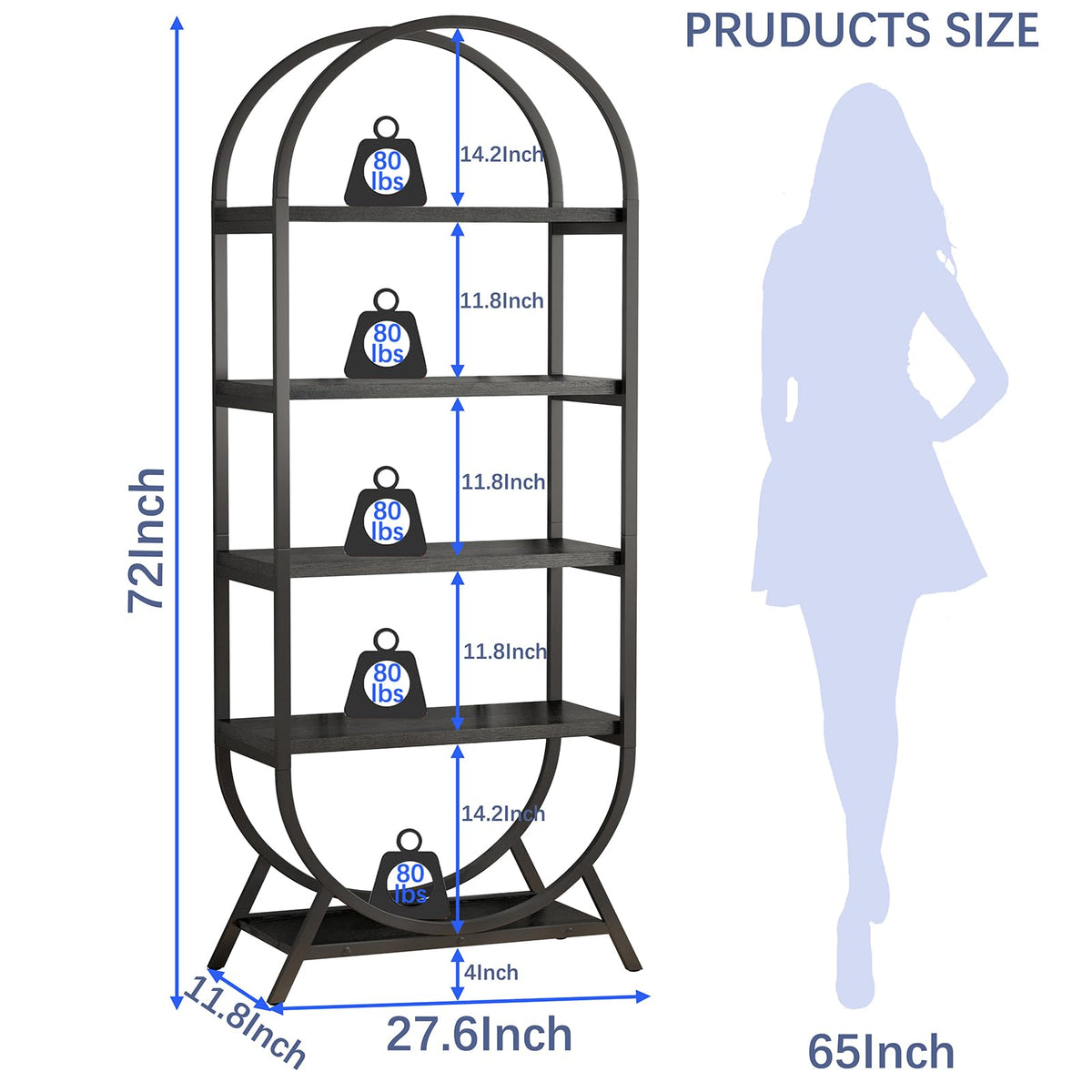Black 5 Tier Arched Bookshelf A51599