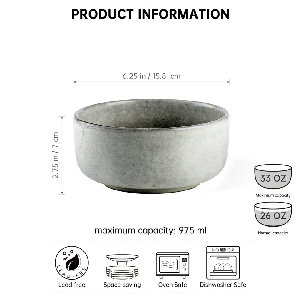 Ceramic Bowl Set of 4, 26 OZ Porcelain Bowls, Reactive Glaze, Microwave & Dishwasher Safe, Grey Y139