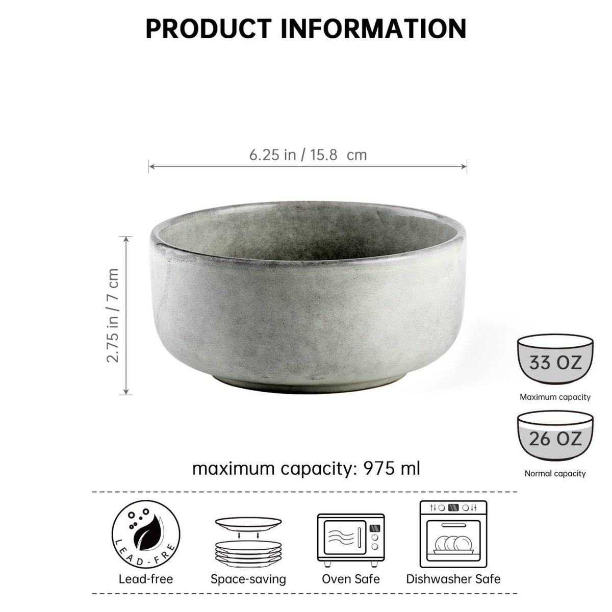 Ceramic Bowl Set of 4, 26 OZ Porcelain Bowls, Reactive Glaze, Microwave & Dishwasher Safe, Grey Y139