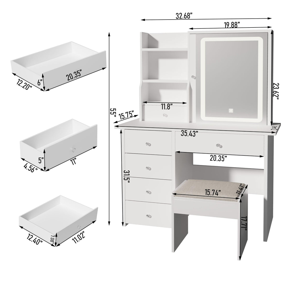 White Makeup Vanity Desk with LED Lights Mirror Z369