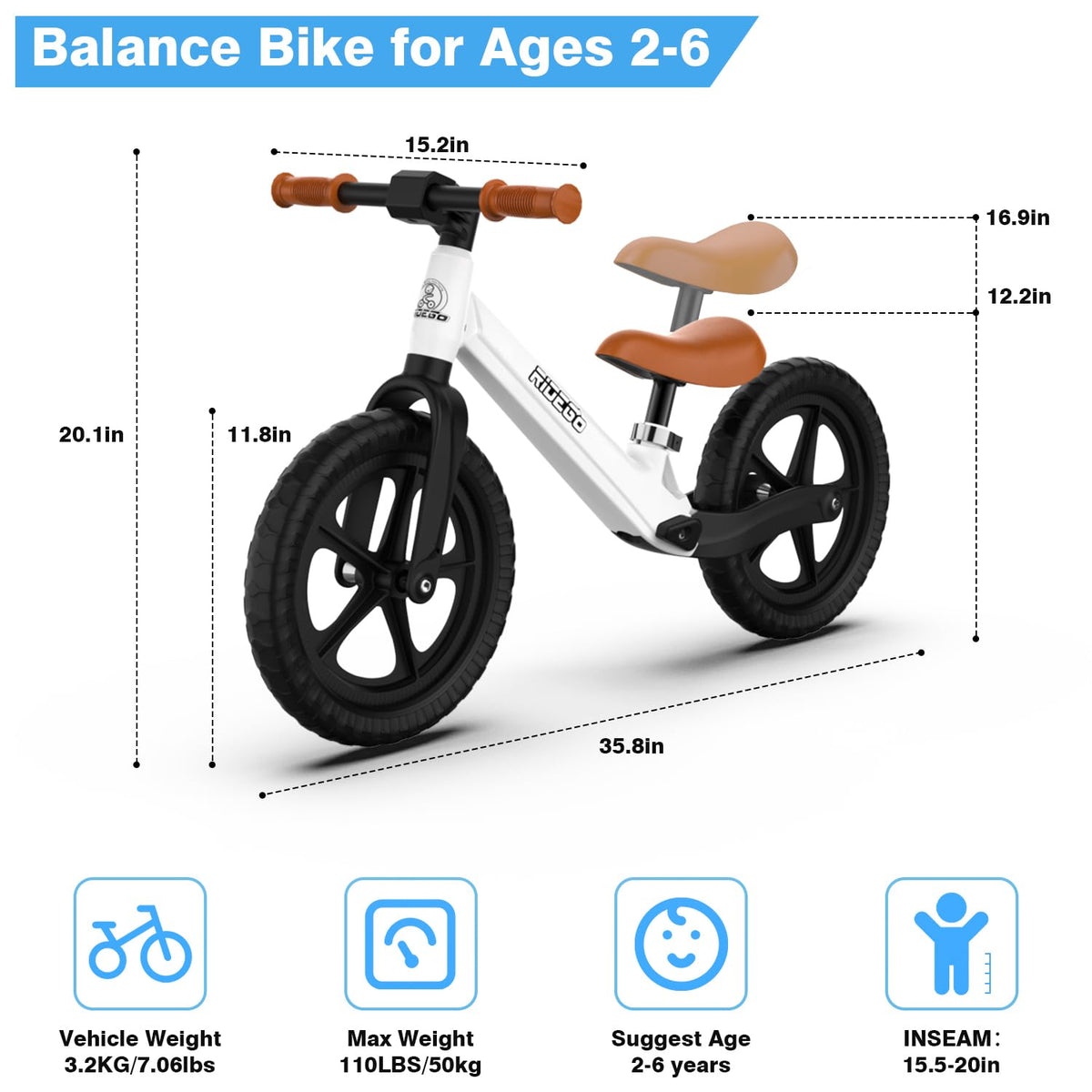 12 Inch Lightweight Kids Balance Bike with Adjustable Seat P5422