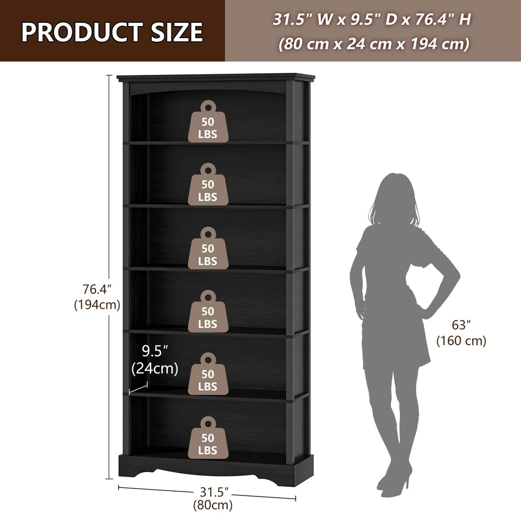 6-Tier 76 Inch Tall Black Wooden Bookshelf X535552