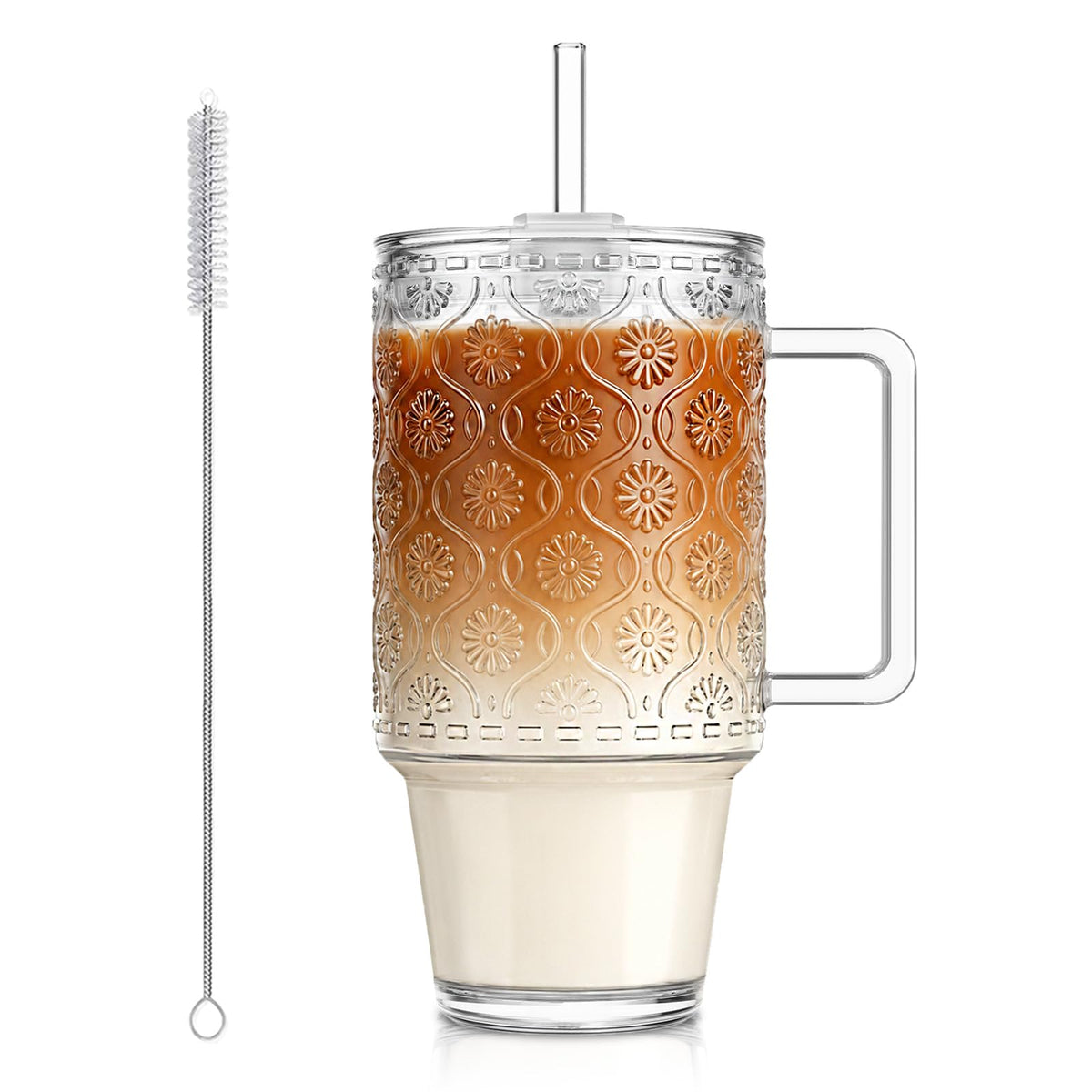 24 Oz Ribbed Glass Tumblers with Lids and Straws U789889