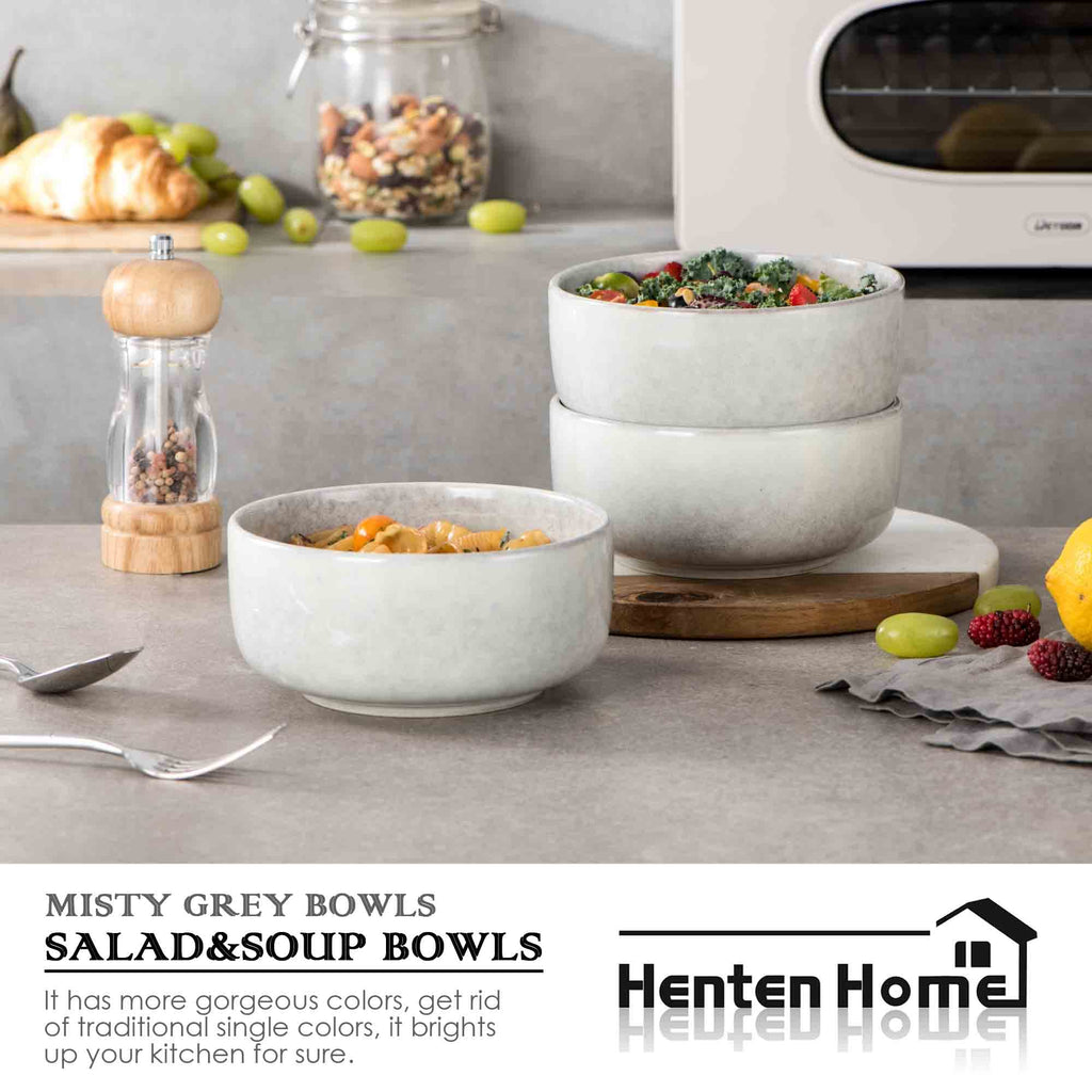 Ceramic Bowl Set of 4, 26 OZ Porcelain Bowls, Reactive Glaze, Microwave & Dishwasher Safe, Grey Y139
