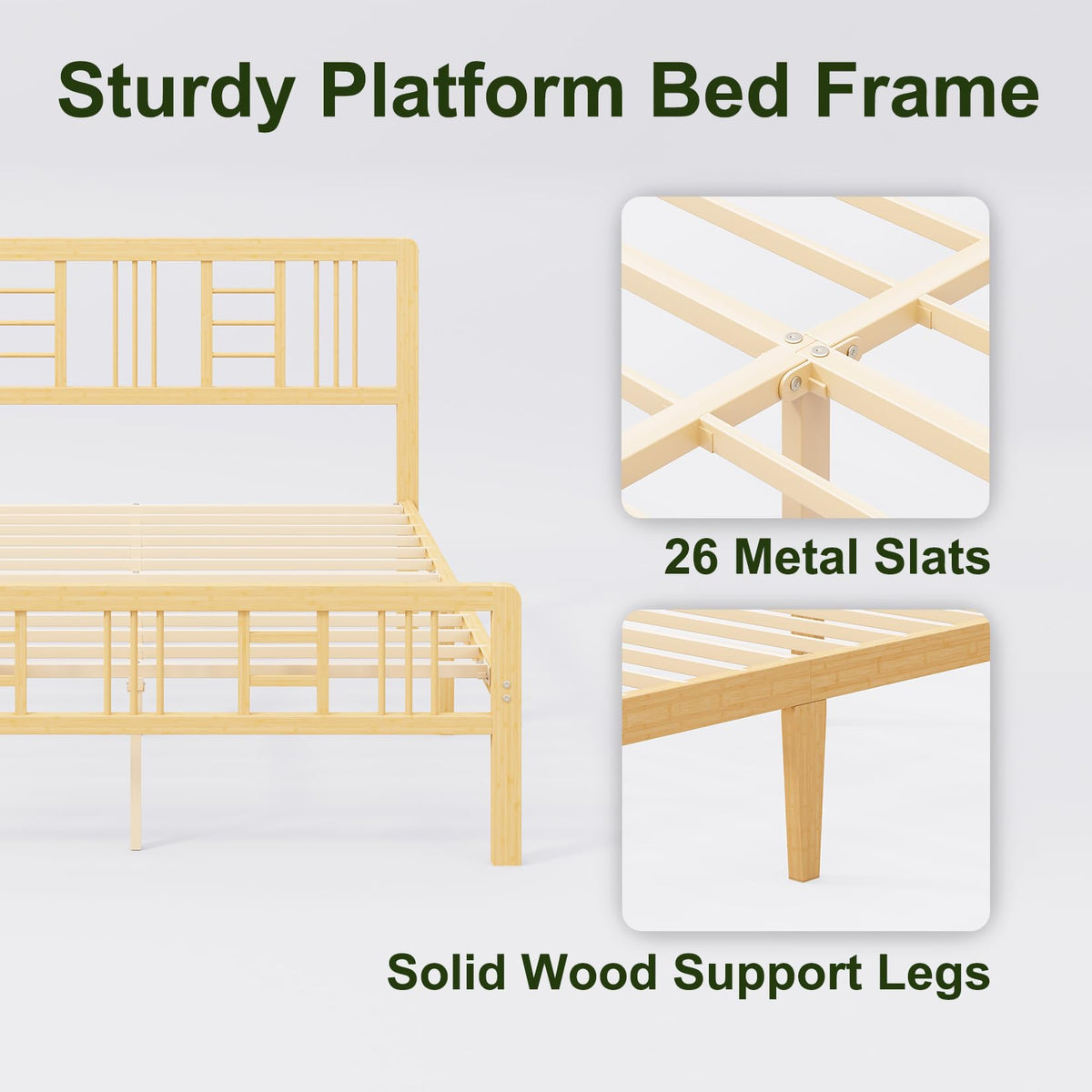 14 Inch Solid Bamboo Wood Full Size Platform Bed Frame with Headboard R951