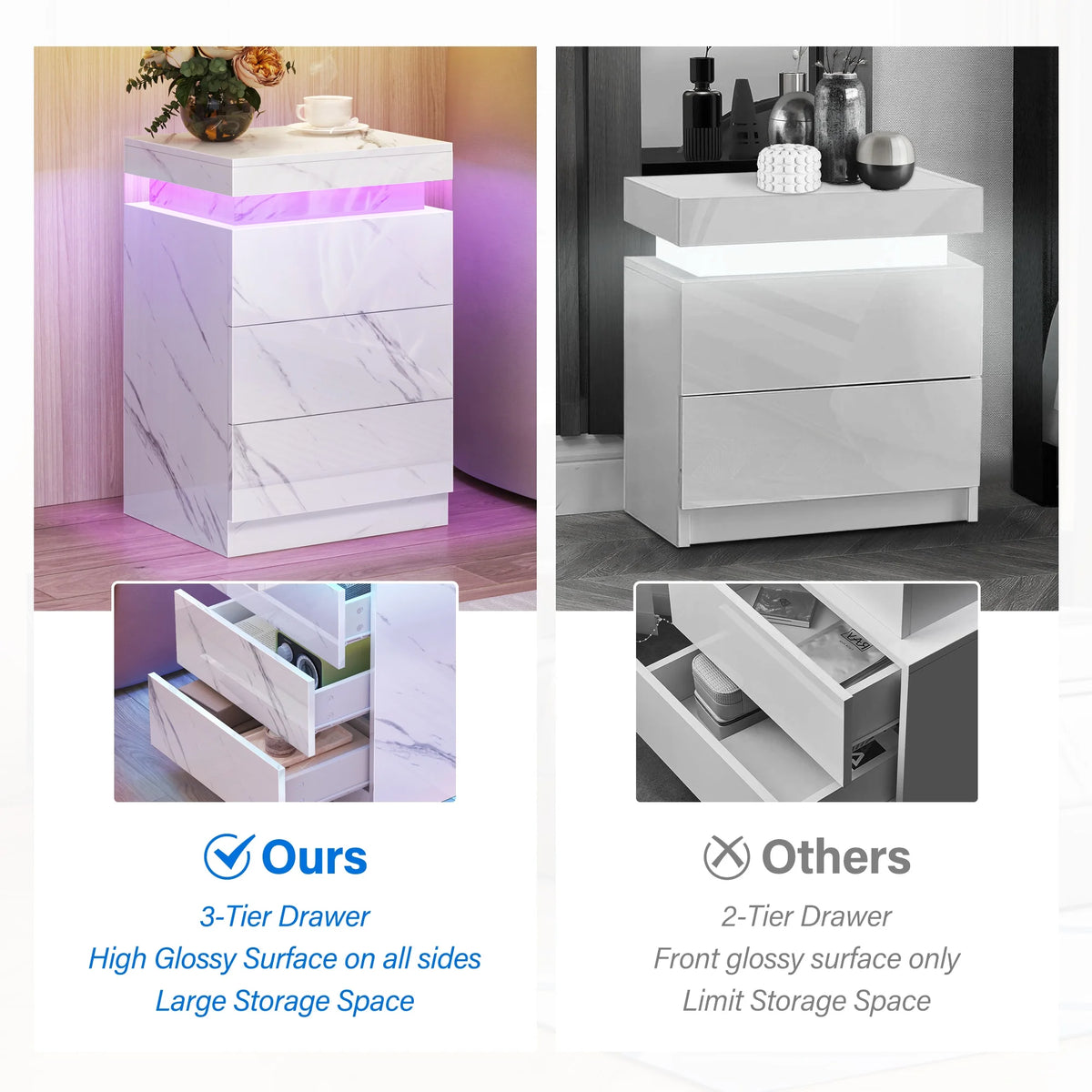 Set of 2 LED Nightstand with 3 Drawers Y8111