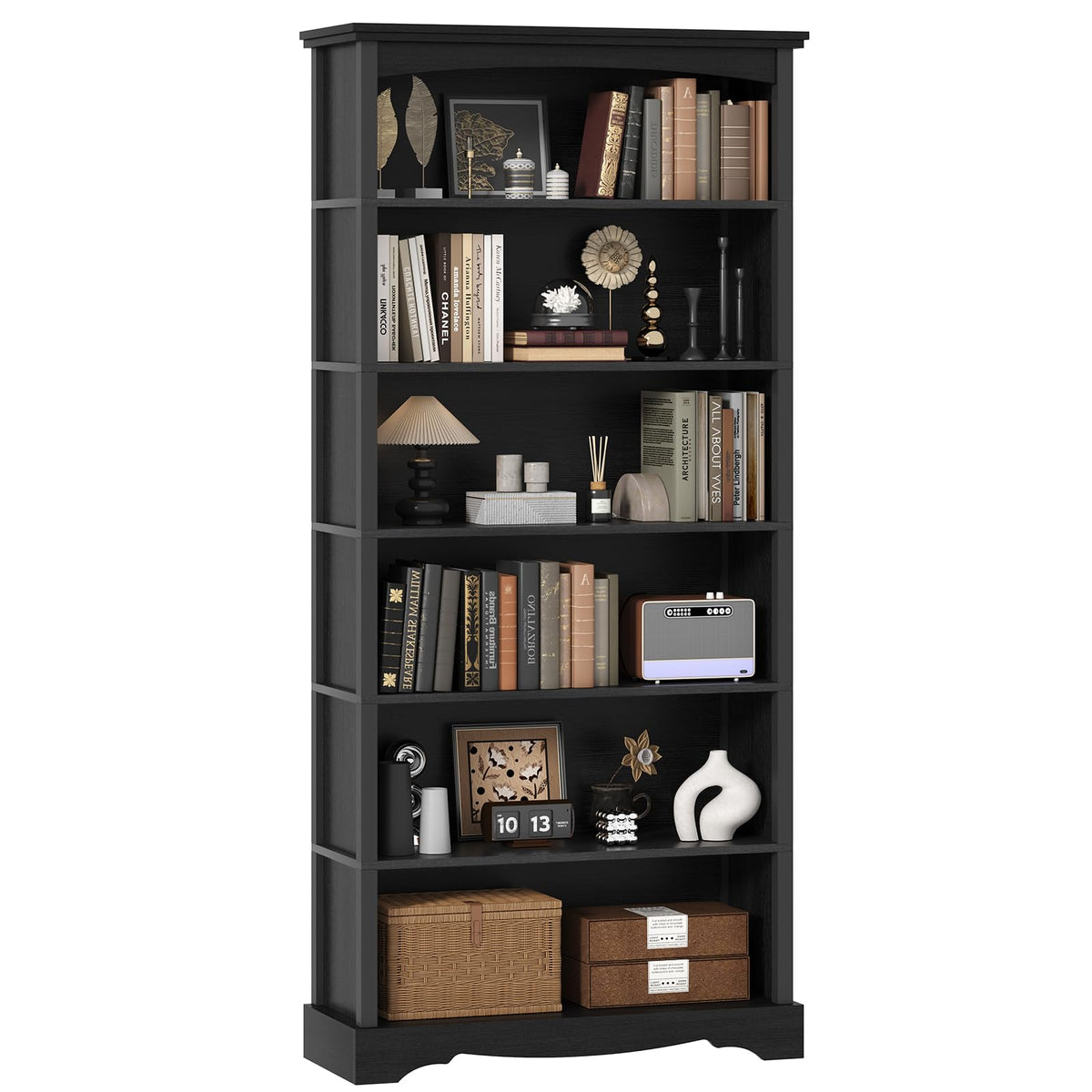 6-Tier 76 Inch Tall Black Wooden Bookshelf X535552