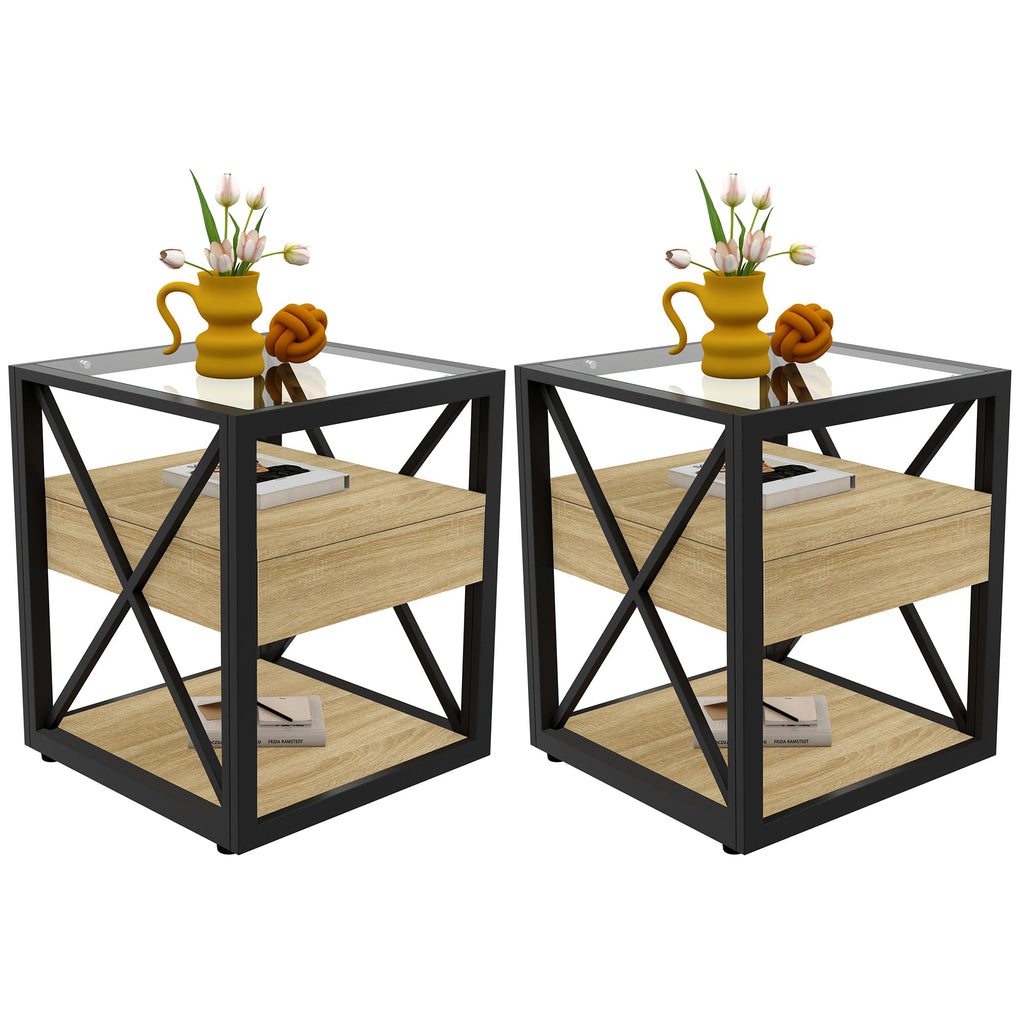 Brown Wood Glass Metal End Table Set of 2 A79588