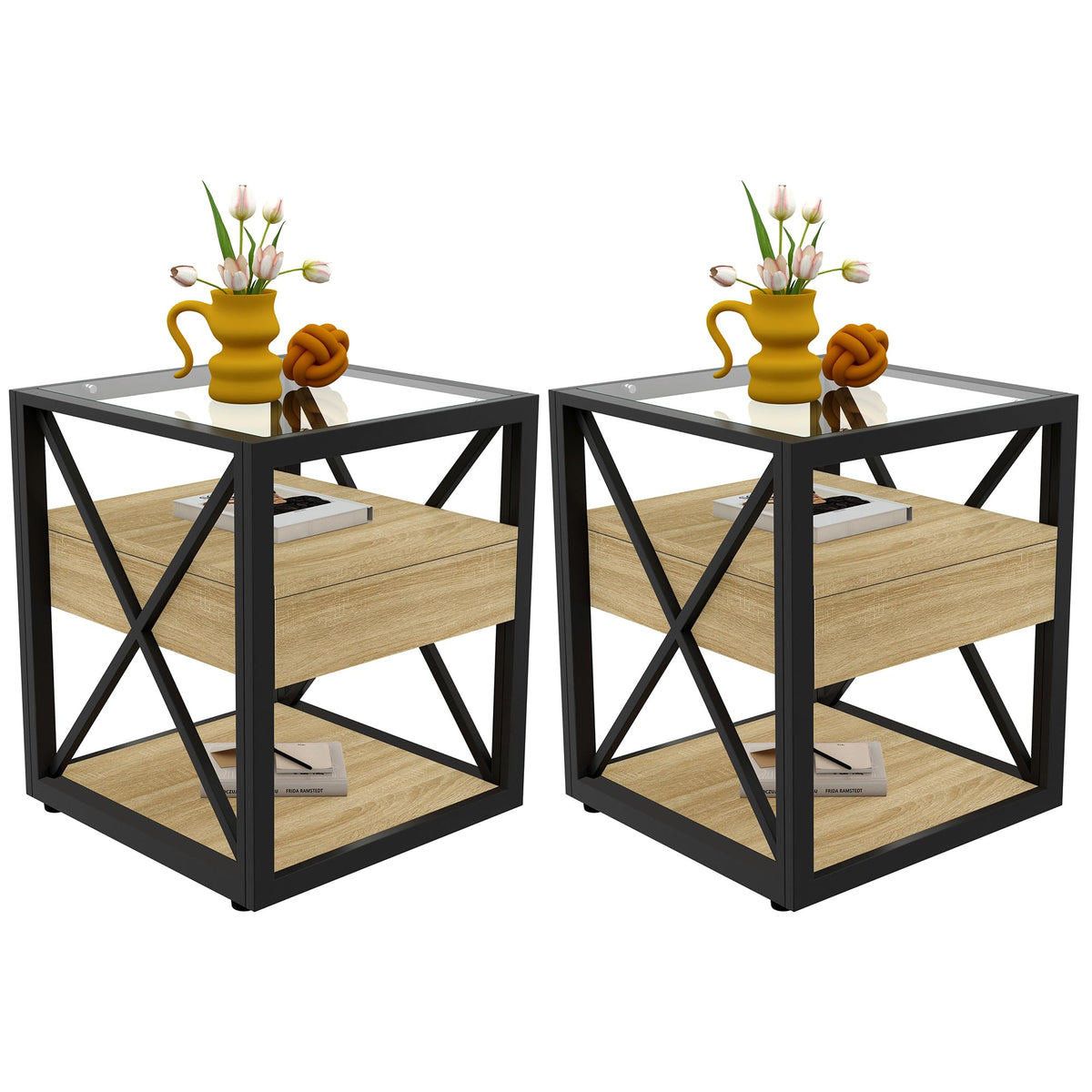 Brown Wood Glass Metal End Table Set of 2 A79588