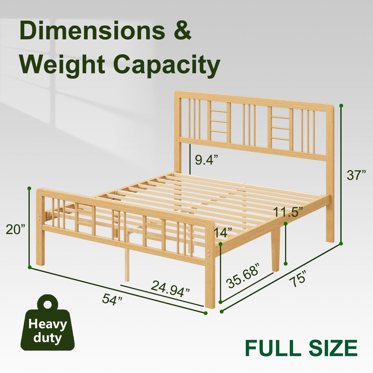 14 Inch Solid Bamboo Wood Full Size Platform Bed Frame with Headboard R951