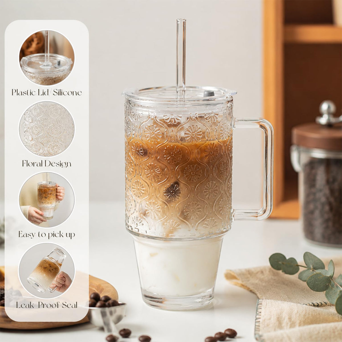 24 Oz Ribbed Glass Tumblers with Lids and Straws U789889