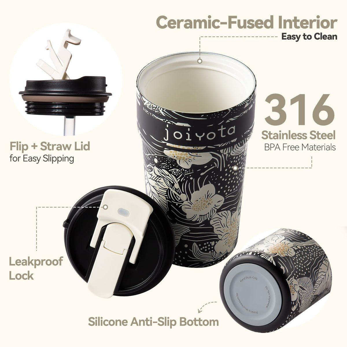 20oz Insulated Stainless Steel Ceramic Lined Coffee Tumbler with Lid and Straw F36945