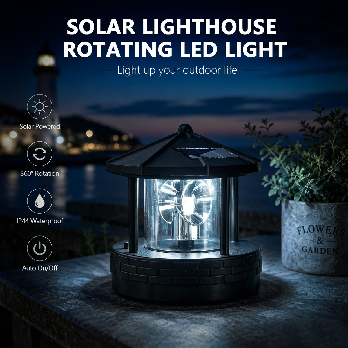 Solar Powered Rotating Lighthouse LED Light IP44 Waterproof Black M126184