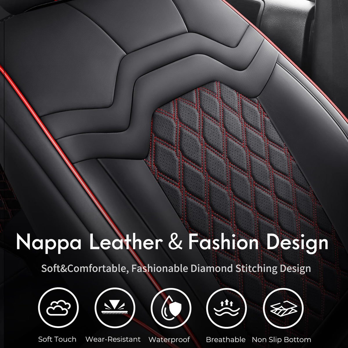 Waterproof Leather Seat Covers Full Set Black Red W980