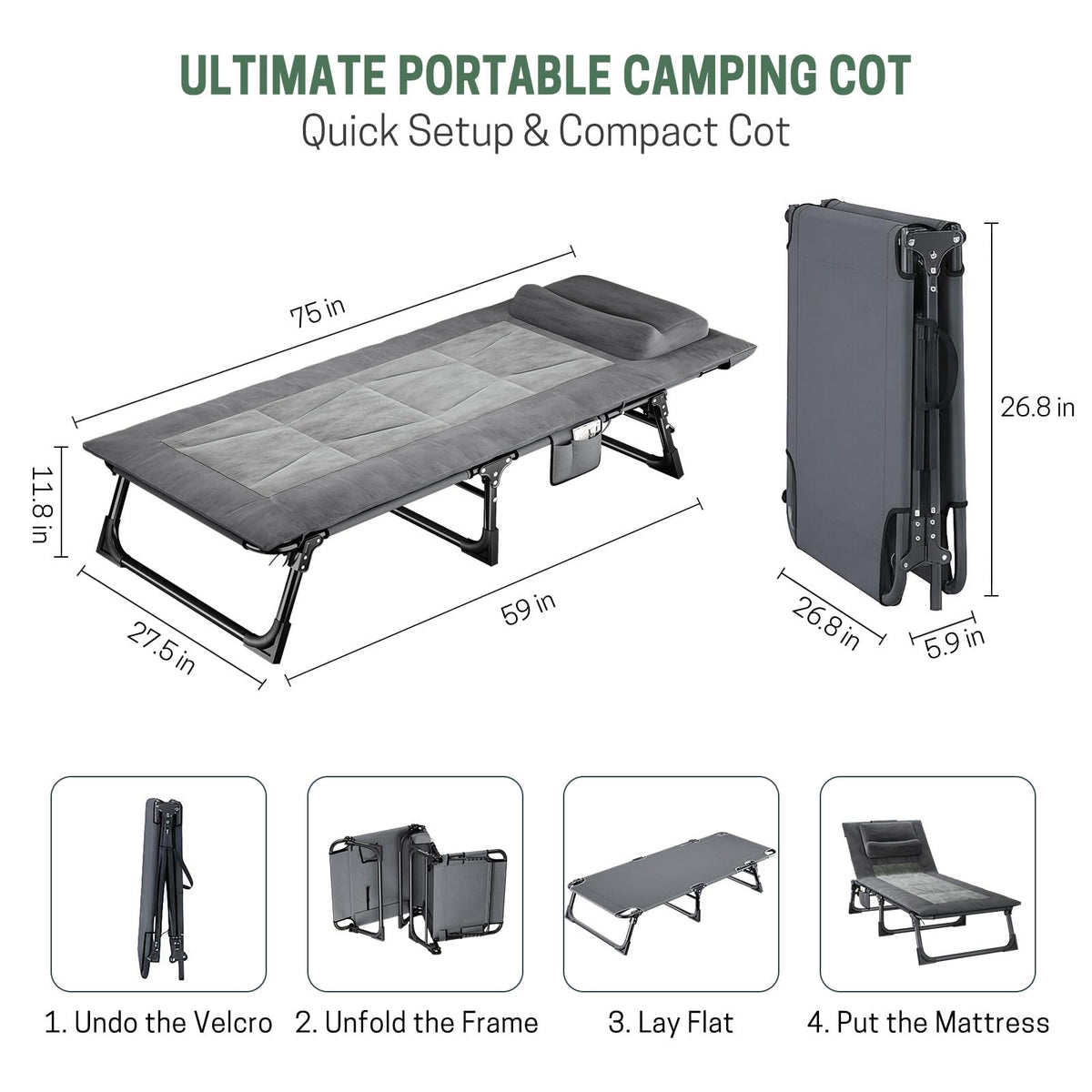 Folding Camping Cot with Pad and Pillow W387998