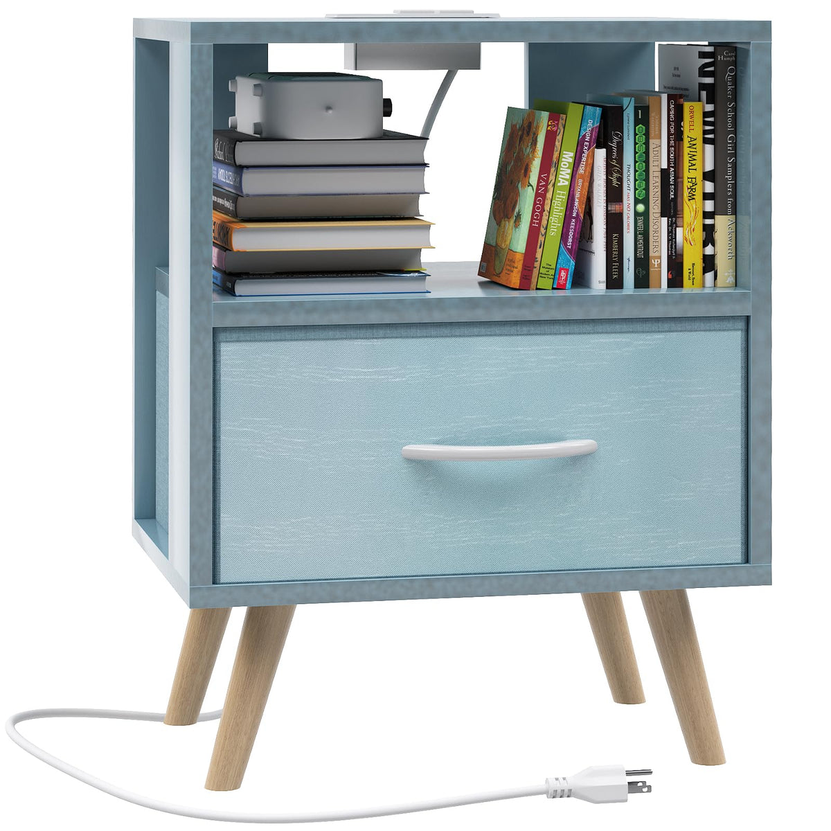 Blue Nightstand with Charging Station, 2-Tier Wooden Bedside Table N4852