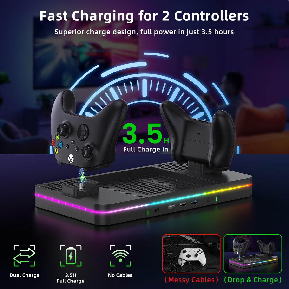Black Cooling Fan Charging Stand with 3 USB Ports C33711