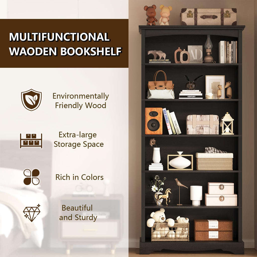6-Tier 76 Inch Tall Black Wooden Bookshelf X535552