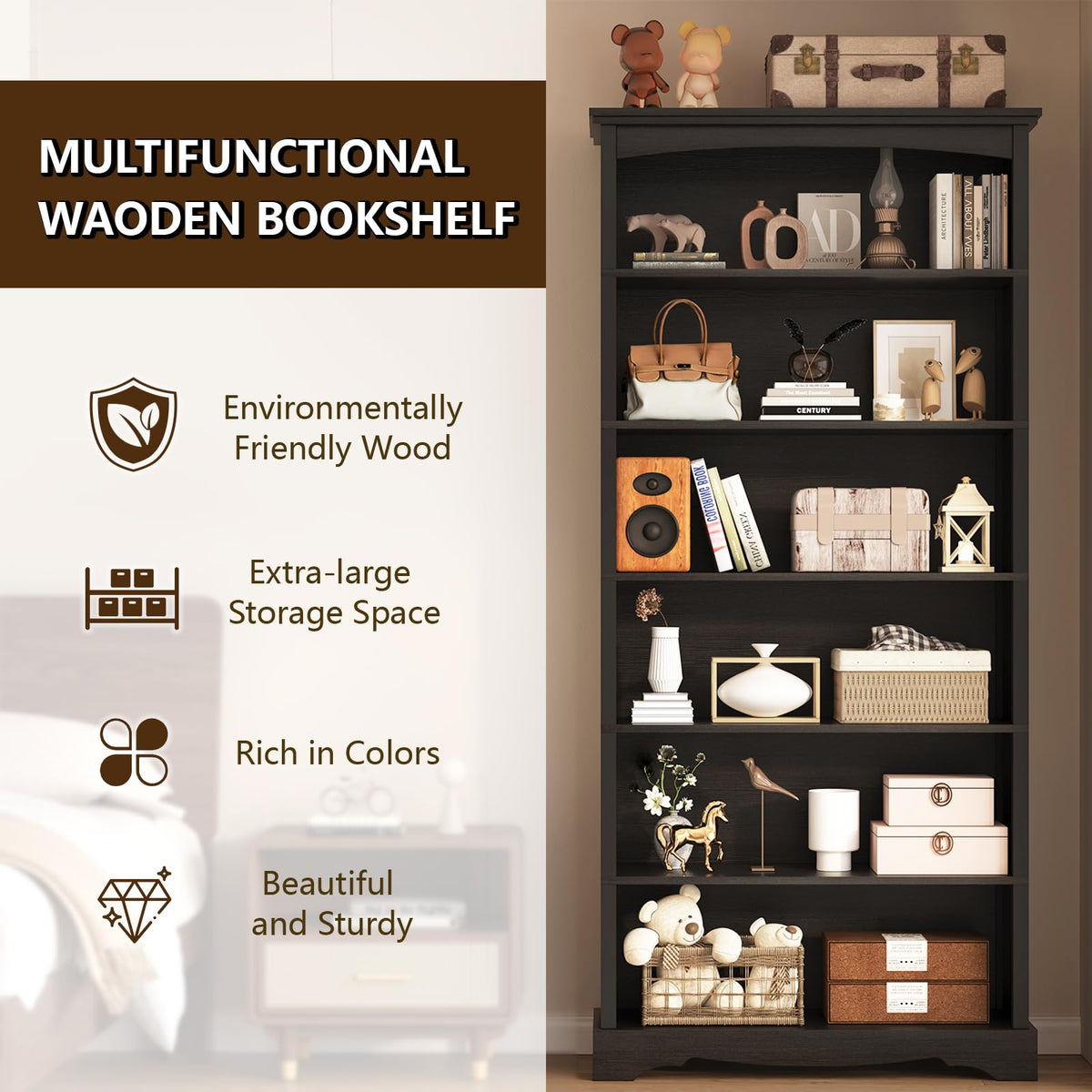 6-Tier 76 Inch Tall Black Wooden Bookshelf X535552