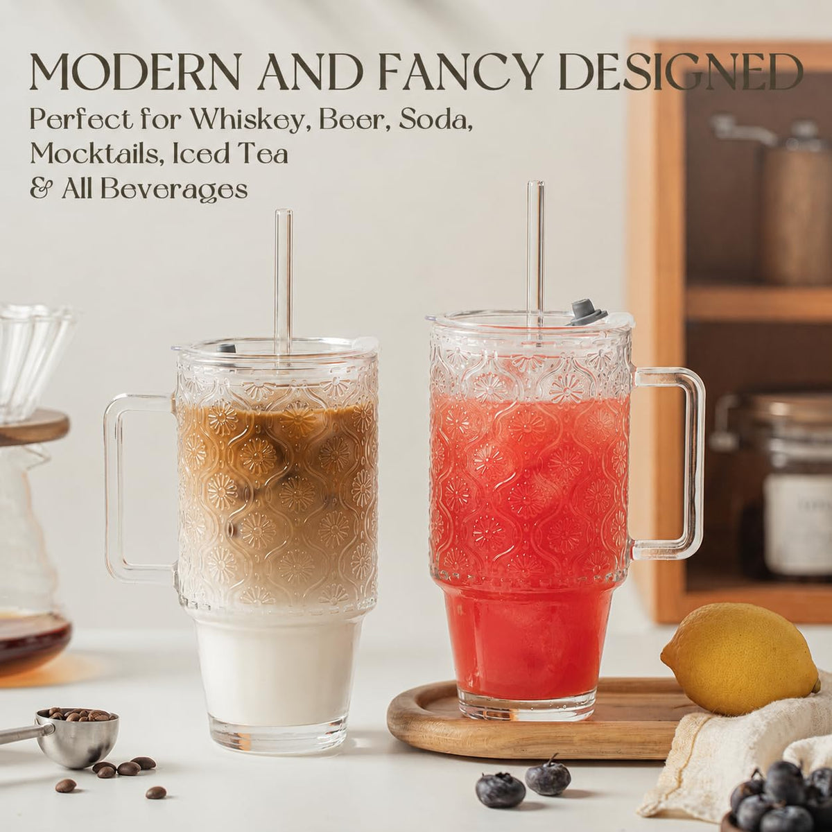 24 Oz Ribbed Glass Tumblers with Lids and Straws U789889