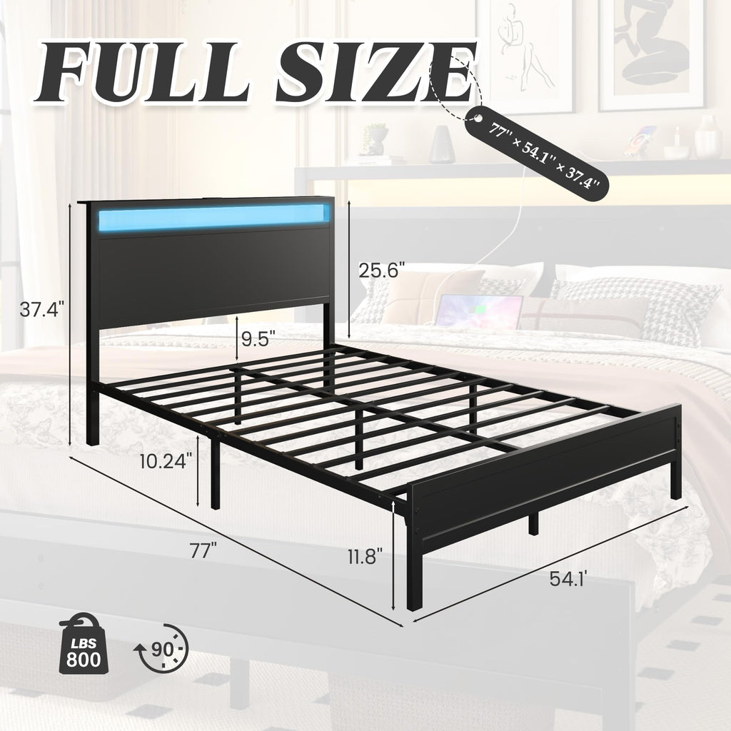 Full Bed Frame with Headboard, Footboard, Charging Station, LED Light, Storage Shelf, Black C949