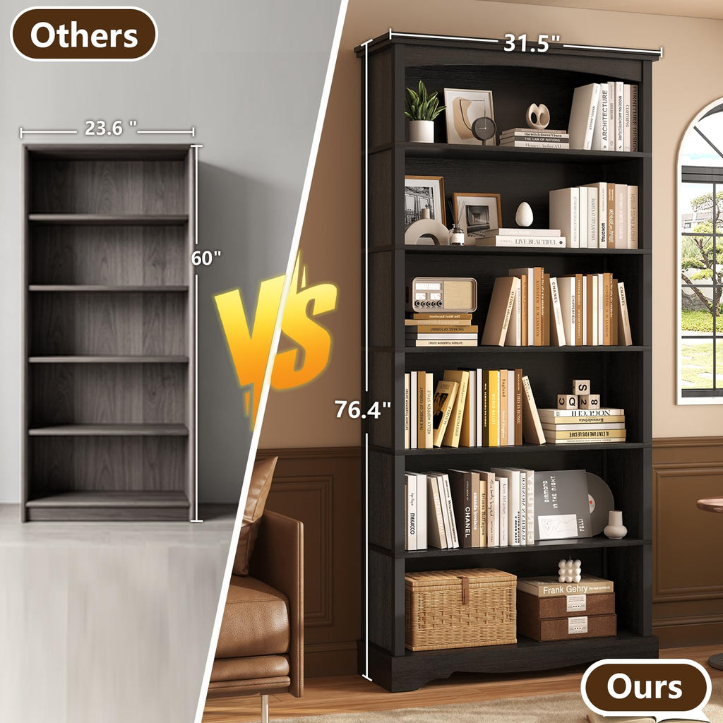 6-Tier 76 Inch Tall Black Wooden Bookshelf X535552