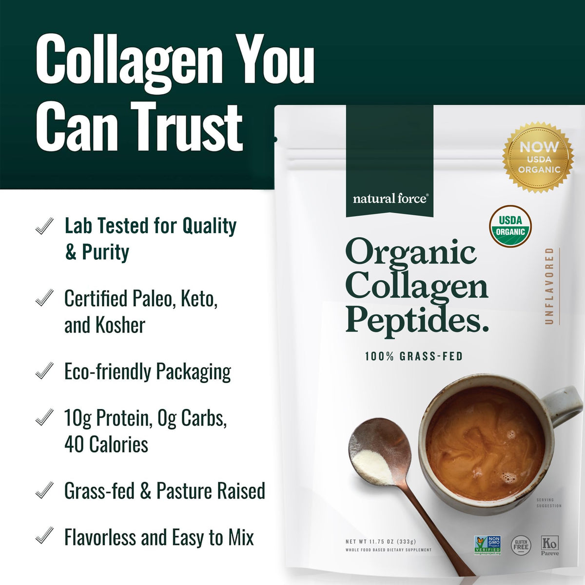 Organic Hydrolyzed Collagen Peptides Powder Unflavored 10.7oz P8514