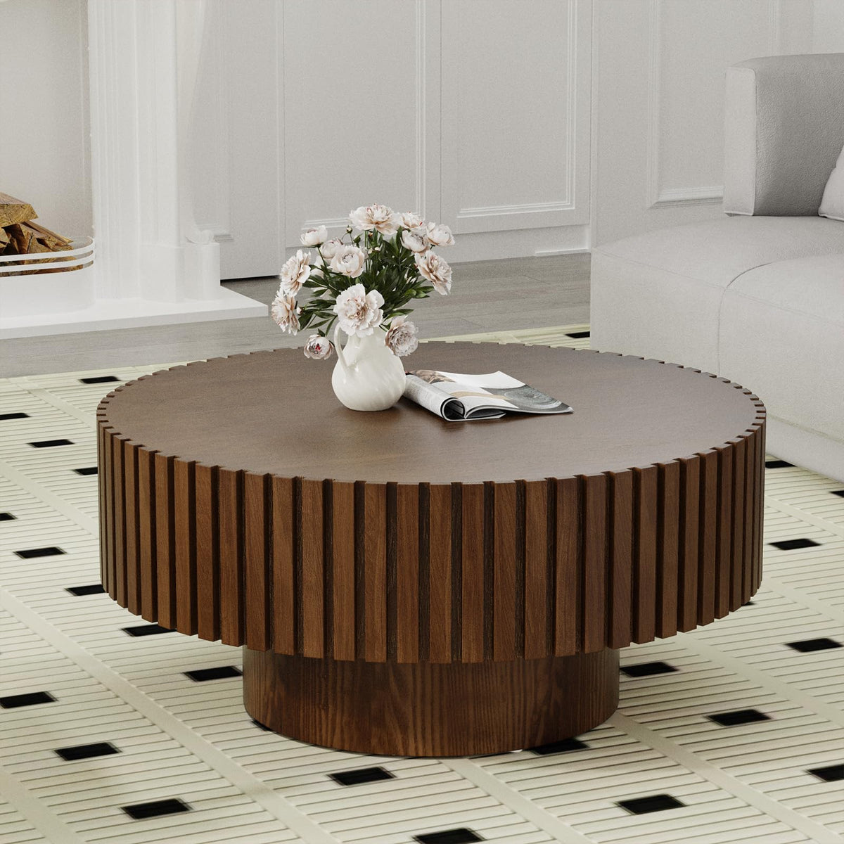 Round Fluted Drum Coffee Table with Pedestal Base S554414
