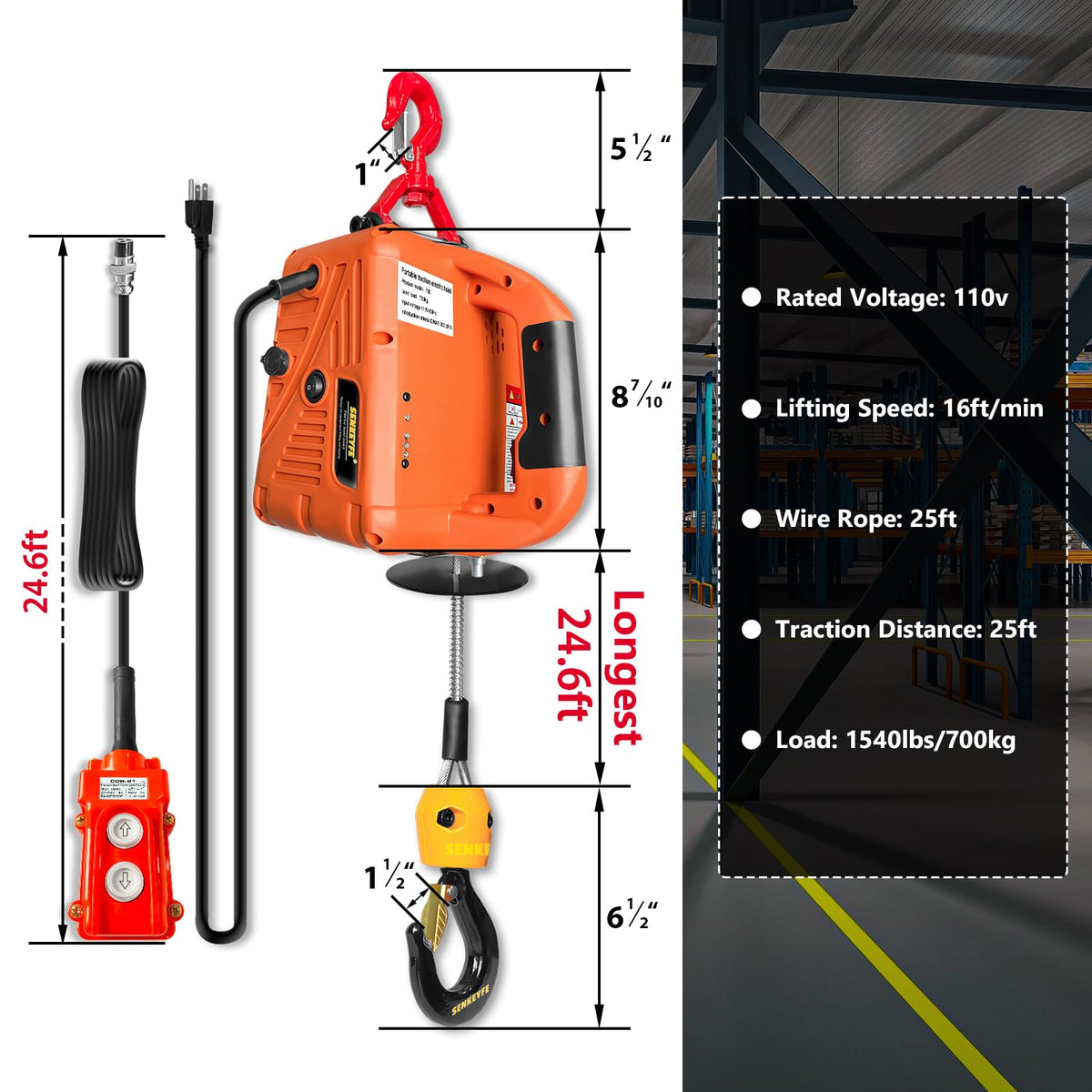 Electric Portable Hoist Winch 1500LBS 110V 25 FT with Lifting Strap L627
