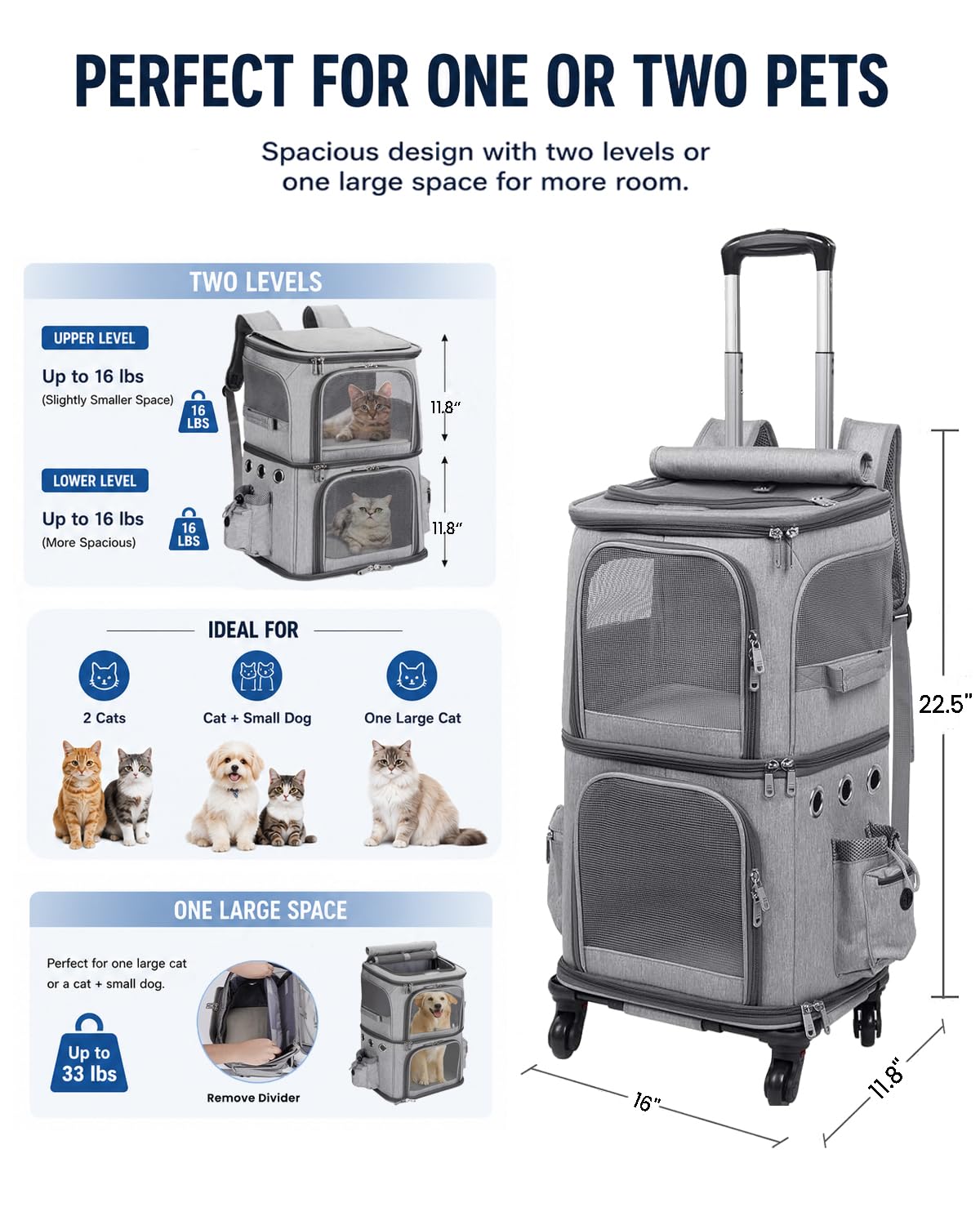 Double-Compartment Cat Backpack Carrier with Wheels Y981