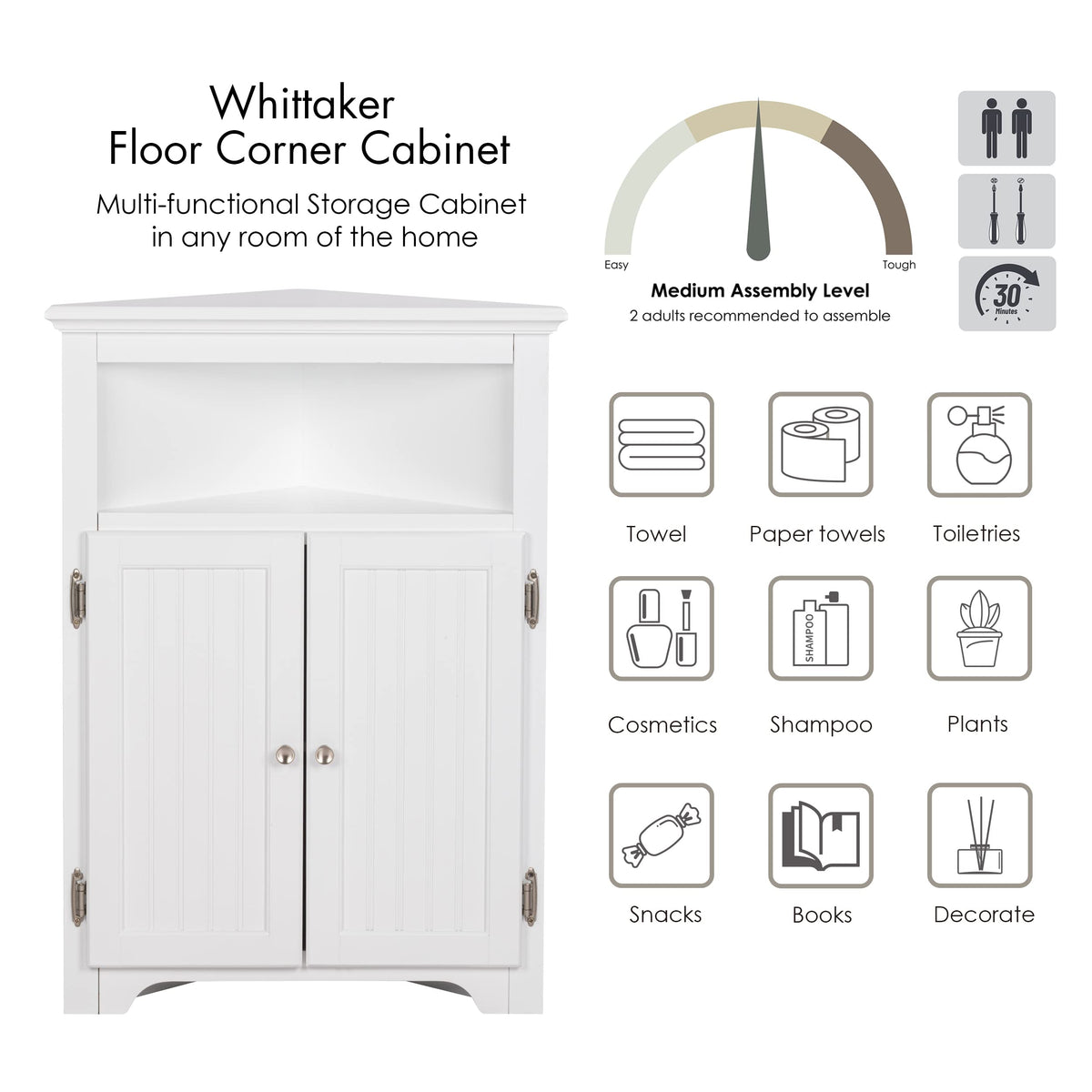 White Corner Bathroom Cabinet with Doors and Adjustable Shelf O2995
