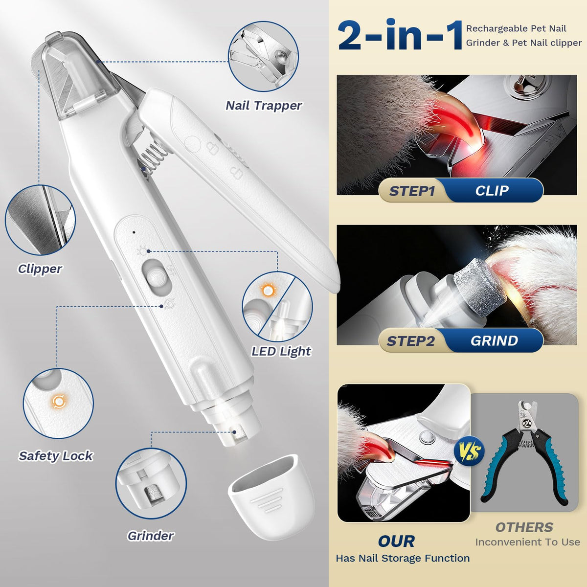2-in-1 Dog Nail Clippers & Grinder with LED Light H103