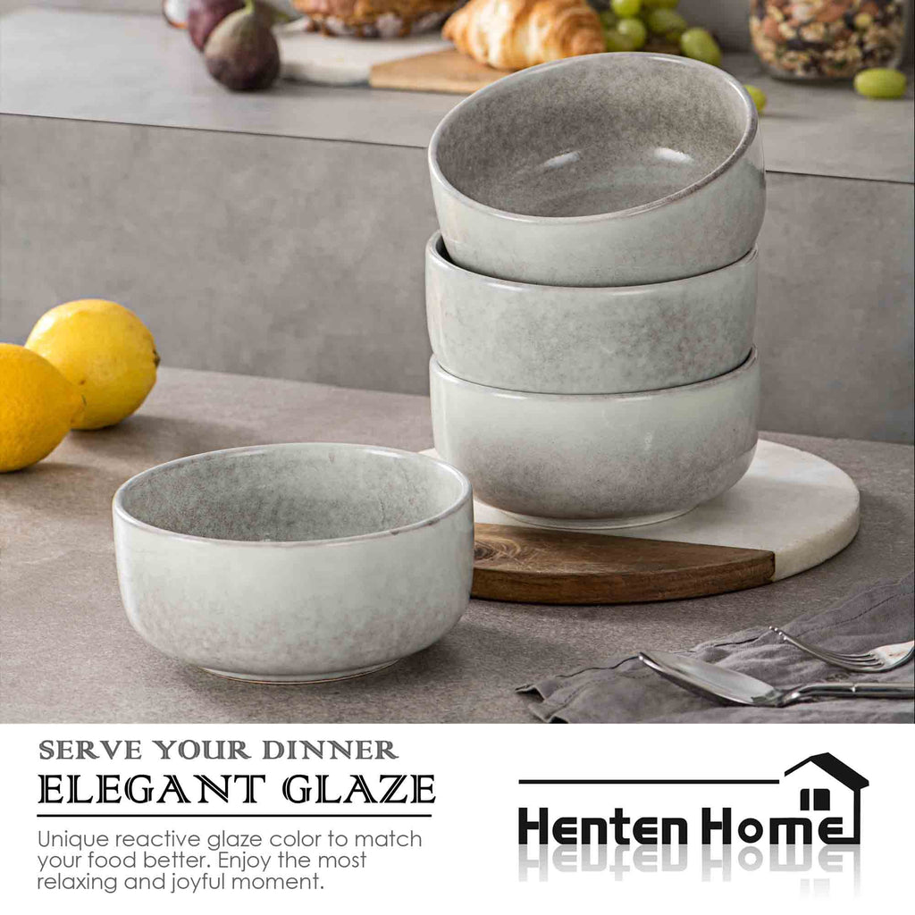 Ceramic Bowl Set of 4, 26 OZ Porcelain Bowls, Reactive Glaze, Microwave & Dishwasher Safe, Grey Y139