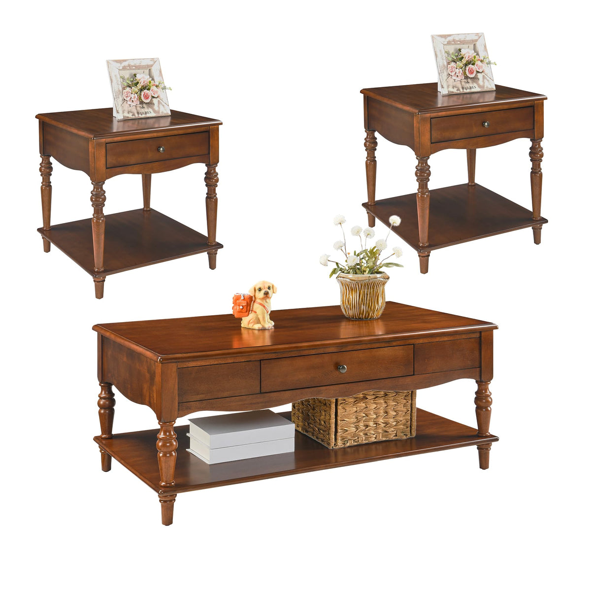 Rectangular Coffee Table and Two Square End Tables with Storage Drawer N147405