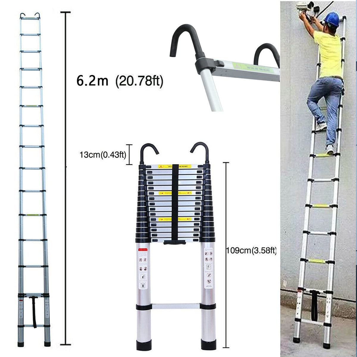 20.34 FT Aluminum Telescoping Extension Ladder 330lbs Capacity S123986