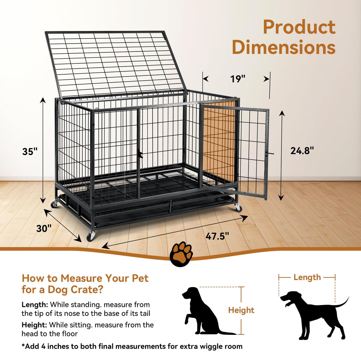 48 inch Wire Dog Crate with Lockable Wheels and Removable Tray P88478