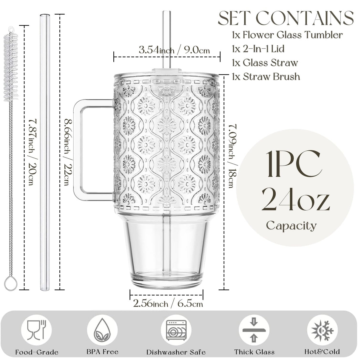 24 Oz Ribbed Glass Tumblers with Lids and Straws U789889