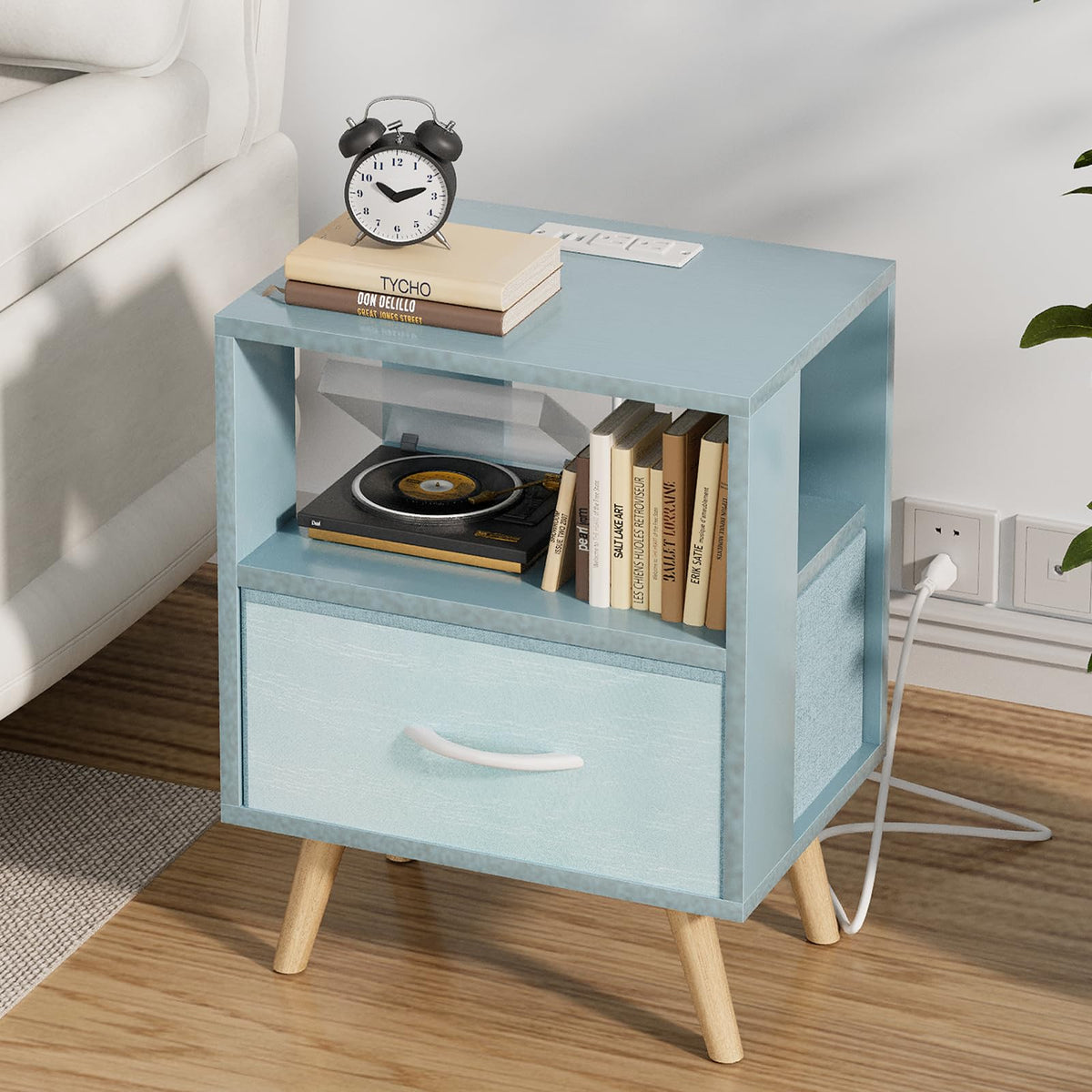 Blue Nightstand with Charging Station, 2-Tier Wooden Bedside Table N4852