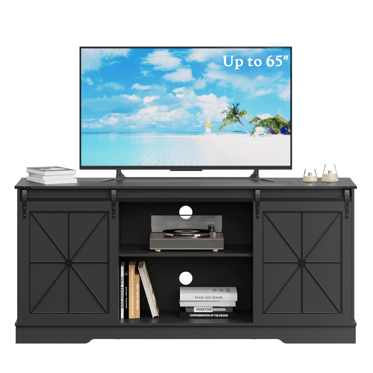 Black TV Stand with Sliding Barn Doors P6964