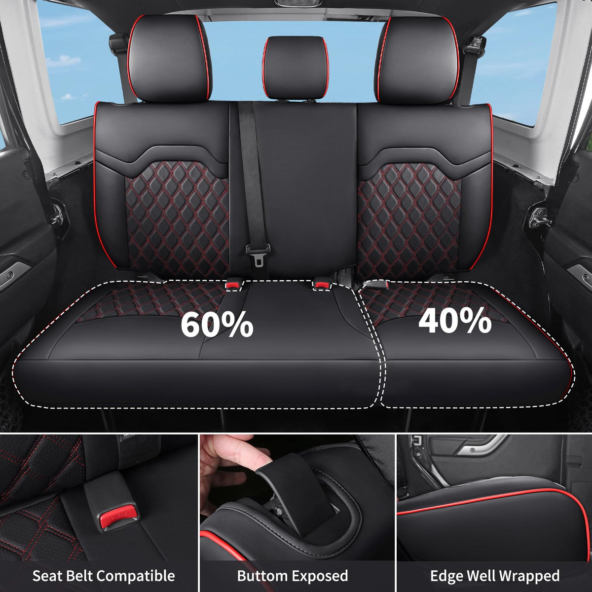 Waterproof Leather Seat Covers Full Set Black Red W980