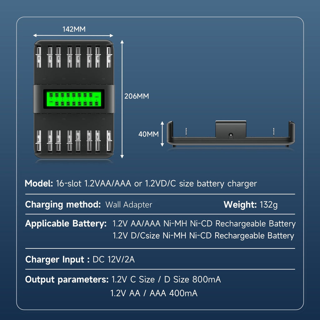 16 Bay Rechargeable Battery Charger with LCD Display H6587