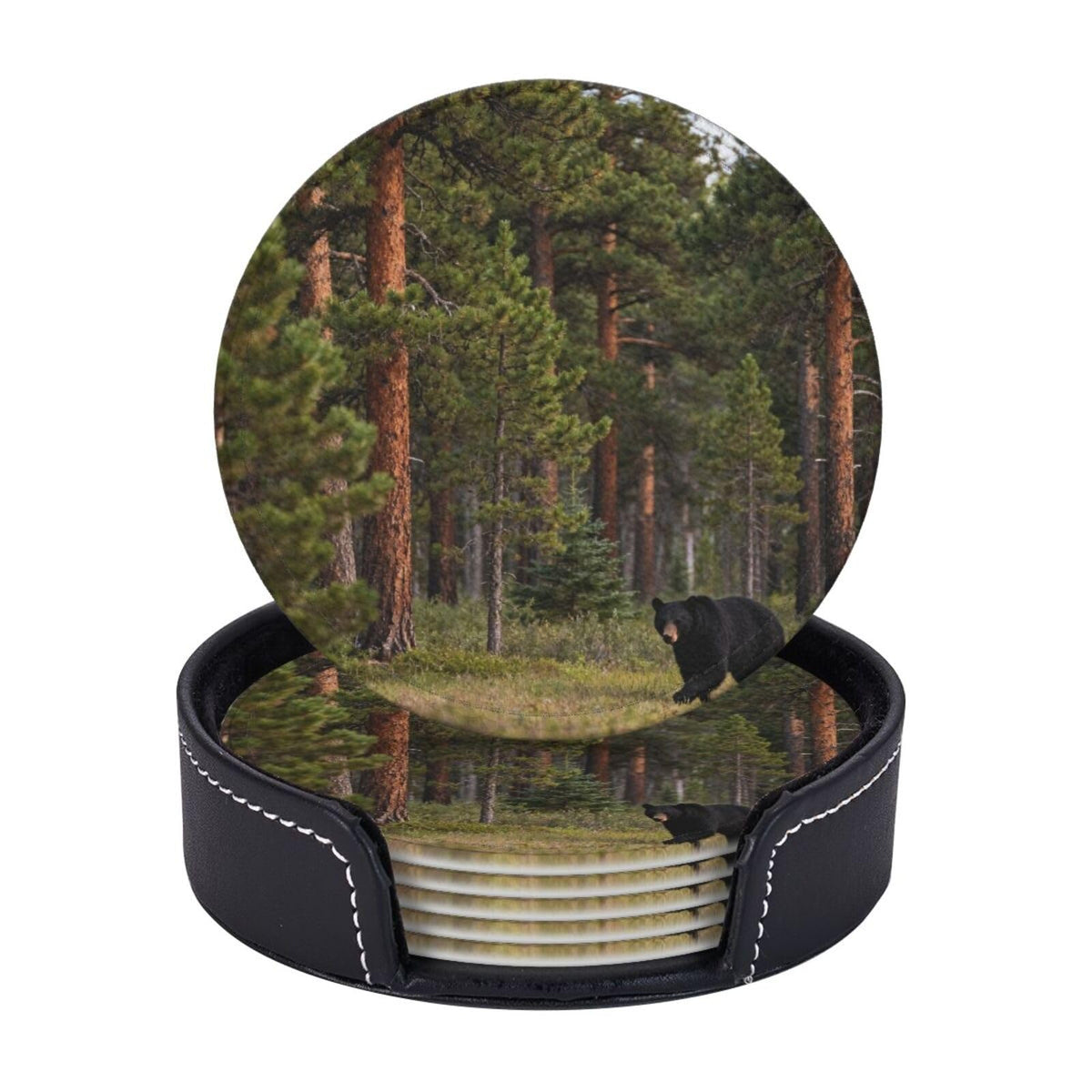 Black Bear Pattern Leather Coasters Set of 6 M886134