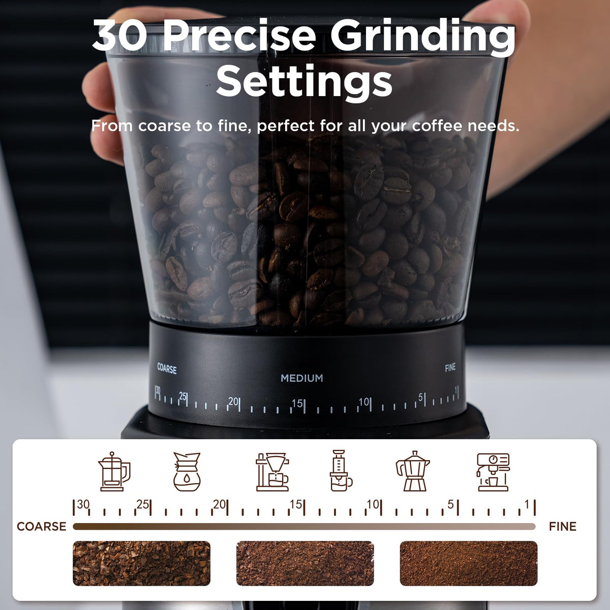 Electric Conical Burr Coffee Grinder with 30 Adjustable Grind Settings B967