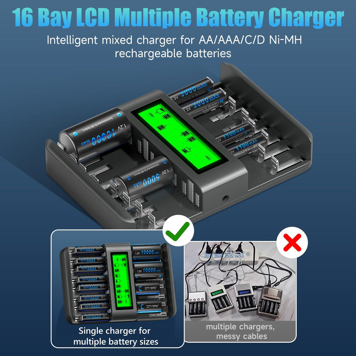 16 Bay Rechargeable Battery Charger with LCD Display H6587