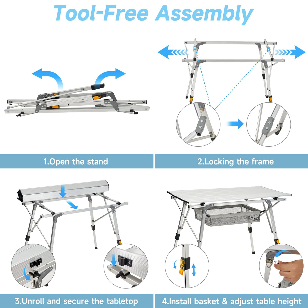 Camping Table Portable Foldable with Adjustable Legs & Storage Layer T90740