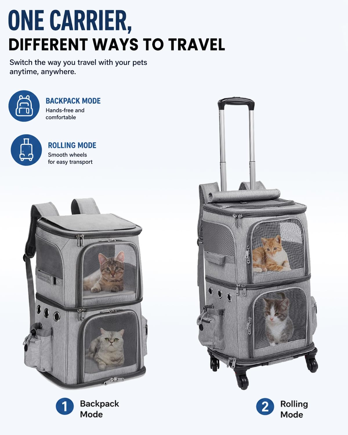 Double-Compartment Cat Backpack Carrier with Wheels Y981