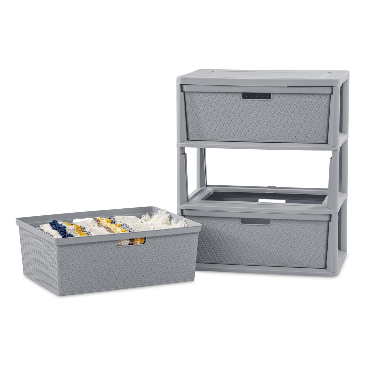 Wide 3-Drawer Plastic Storage Tower with Removable Bins, Gray C733