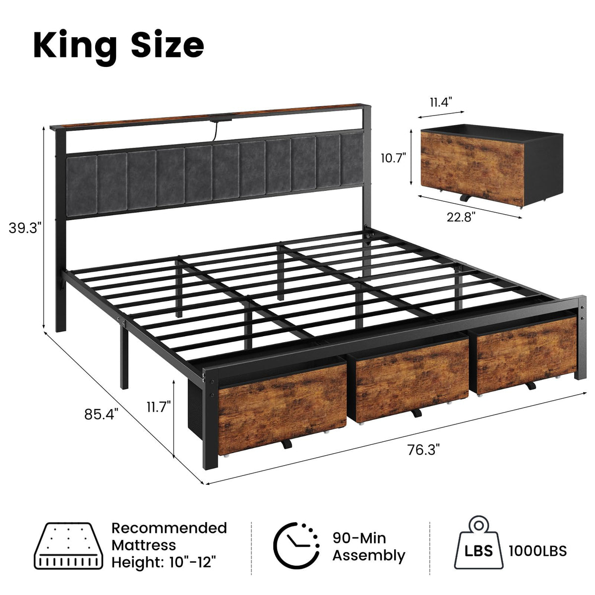 King Size Bed Frame with Storage Headboard and 3 Drawers L177520